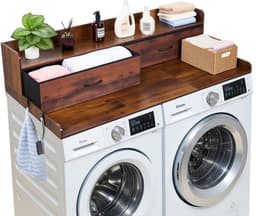 VEVOR Wasmachine en Droger Keukenplaat met Schroefaand, 137 X 69,9 cm Houten Was- en Drogershoofd met 2 Laden & Haakjes, Wasmachinehoofd voor Waskast, Keukenorganisatie en Opbergoplossing, Bruin — thumbnail 1