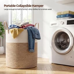 Wasmand van katoentouw - Wasmand van gevlochten katoentouw - Opvouwbare wasmand - Diverse mand - Wasmand - Opbergmand - 38*50,5 cm - Verstevigd handvat - Geschikt voor badkamers, kinderkamers, woonkamers, enz. - Bruin, wit — thumbnail 2