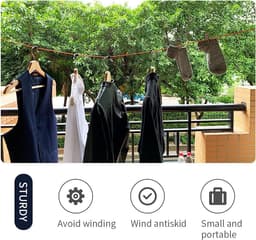 SnelShoppen - Draagbare Reis Waslijn Cord, Verstelbare 26ft Camping Waslijn, Wasdroogtouw voor Hotelreis, Camping, Achtertuin, Buiten/Binnen, met 20 S — thumbnail 5
