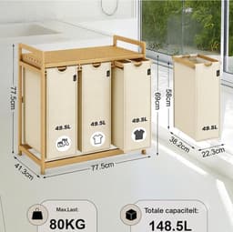 Zavio® Wasmand 3 Vakken - Wassorteerder - Wasmand - Beige0617 — thumbnail 5