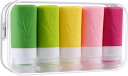 Set van 5 siliconen reisflessen, FDA-toegelaten 60 ml reisformaat, BPA-vrij, lekvrije, knijpbare siliconen slangen voor shampoo, spoeling, lotion, zeep met etiketten — thumbnail 1