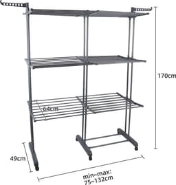 PIPIPOXER- Wasrek Inklapbaar-Droogrek-Staand Droogrek -Uitschuifbare Droogtoren – 3 Verdiepingen – 132 meter Drooglengte- Ruimtebesparend Wasrek -132x49x170 CM- Droogrek op Wielen - grijs — thumbnail 2