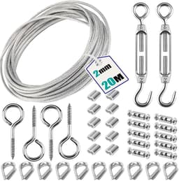SnelShoppen - 304 RVS Kabel Set 20 m x 2 mm, 10 Aluminium Klemmen, 10 Kabelbinders, 2 Verstelbare Haakjes, Perfect voor Waslijn en Doe-Het-Zelf Projec — thumbnail 1