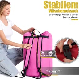 SnelShoppen - Waszak voor op reis, XXL 115 liter, opvouwbare opbergzak met 2 gevoerde schouderbanden, kledingtas, plunjezak, rugzak, roze voor vakanti — thumbnail 3