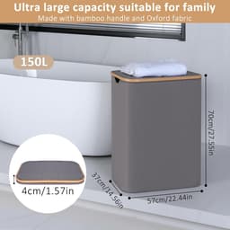 iEGrow Wasmand, 2 compartimenten, 150 liter, grote wasmand met uitneembare en wasbare binnenzakken, met deksel en handvat, voor slaapkamer, wasruimte, badkamer (grijs) — thumbnail 3
