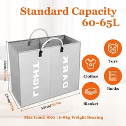 opvouwbaar, 2 vakken, 60 l, opbergtas met handvat, wasmand van Oxford, 600D, waterdicht, kleding voor slaapkamer, hotel, slaapzaal, 53 x 23 x 53 cm, grijs — thumbnail 3