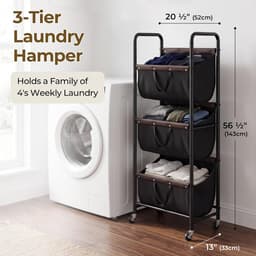 SAYS Wasmand met 3 Vakken, Wasmand op Wieltjes, Organisatie en Opbergruimte voor de Wasruimte, Waskar met 3 Vakken op Wieltjes voor Studentenkamers, Badkamers, Slaapkamers en Kasten, Zwart — thumbnail 5