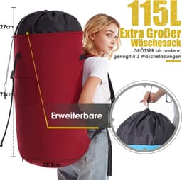 Waszak, vuile was, XXL, 115 liter, waszak voor op reis met 2 gevoerde schouderbanden, opvouwbare opbergzak, kledingtas, plunjezak, rugzak (rood) — thumbnail 5
