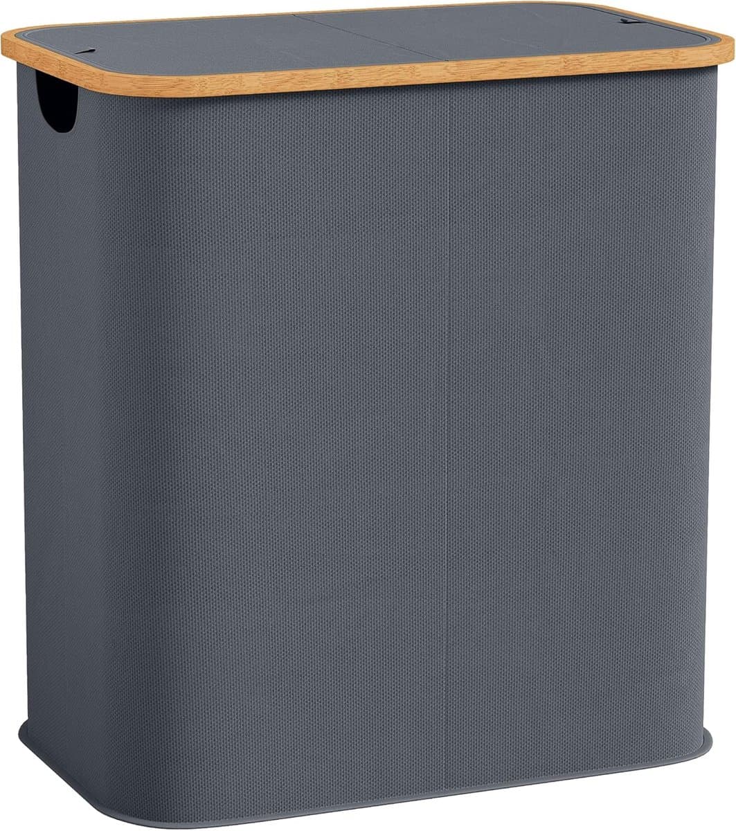 80L opvouwbare dubbele wasmand met deksel, gegroefde handgrepen, wasmand voor badkamer, slaapkamer, wasruimte, grijs — afbeelding 1