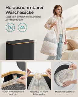 FurnStar - Wasmand met deksel - Wasverzamelaar met 3 vakken - 150 Lt - Uitneembare waszak - Oxford-weefsel - Handgrepen van bamboe - Inklapbaar - 60 x 38,5 x 70,5 cm - inktzwart — thumbnail 3