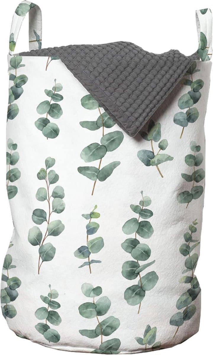 Eucalyptus waszak, aquarel zoals bladeren, wasmand met handgrepen trekkoordsluiting voor wassalons, 33 cm breed x 49 cm hoog, lauriergroen — afbeelding 1