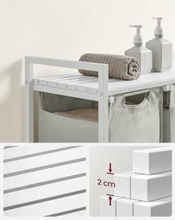 Wasmand 3 vakken – wassorteerder - uitschuifbaar met plank - 92.5 x 33 x 71 cm – wasmand - 168 L verdeeld over 3 zakken – wasmanden – wasmand wit metaal - wit hout — thumbnail 3