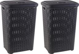 Plasticforte Wasmand met deksel - 60 liter - antraciet - rotan - kunststof - L35 x B43 x H62 cm — thumbnail 2