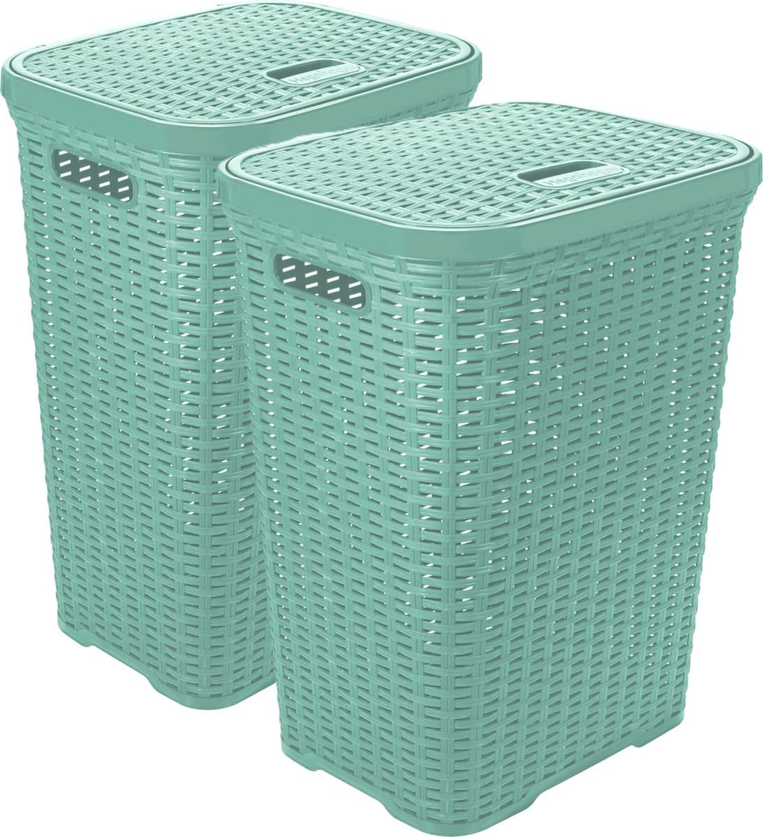 Hega Hogar Wasmand met deksel Rotan - 2x - mintgroen - gevlochten kunststof - 60 liter - 34 x 43 x 62 cm — afbeelding 1
