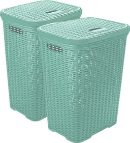 Hega Hogar Wasmand met deksel Rotan - 2x - mintgroen - gevlochten kunststof - 60 liter - 34 x 43 x 62 cm — thumbnail 1