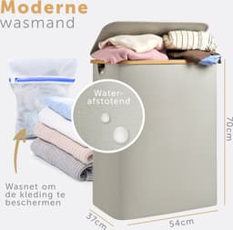 Blumtal Wasmand 140L - Wasmand met 2 uitneembare waszakkken - Wasmand met 2 vakken - Smalle wasmand - Flesverzamelaar - Wasmand met deksel - Beige — thumbnail 2