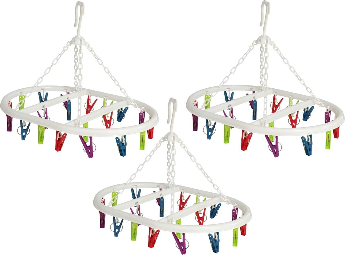 Wasgoed droogcarrousel/droogmolen - 3x - 20 clips/knijpers - multi kleuren - kunststof - 29 x 42 cm — afbeelding 1