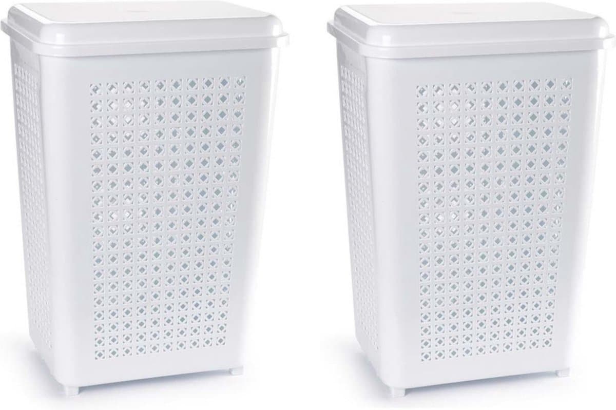 Wasmand met deksel - 2x stuks - 50 liter - wit - kunststof - 41 x 31 x 61 cm - grote wasmanden — afbeelding 1
