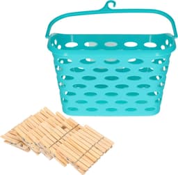 Wasknijpersmandje met haak - blauw - en 100x houten wasknijpers 7 cm - was ophangen — thumbnail 1