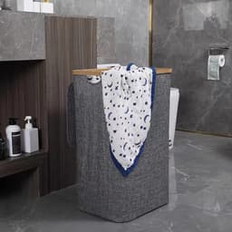 110L wasmand met deksel grote wasmanden met bamboe handvatten draagbare kledingmand voor slaapzaal badkamer grijs opvouwbare wasmand wasmanden voor kast (grijs) — thumbnail 2