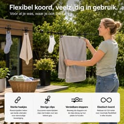 BOTC Waslijn - Waslijndraad - Wasdraad - Waslijn met 12 Wasknijpers - Verlengd tot 3 meters - Drooglijn - Weerbestendig - 1.8 m Drooglengte - Zwart — thumbnail 3