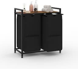 Wasmand 2 vakken, 97L wassorteerder, verrijdbare waswagen – voor wasruimte, slaapkamer, badkamer – zwart — thumbnail 1