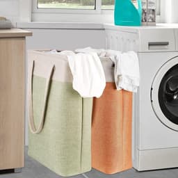 Wasmand met handgrepen - Wasknijperzak Opbergzak - Kleding sorteren - Opvouwbaar en slank ontwerp - 38x20x61 cm - Beige en groen — thumbnail 3