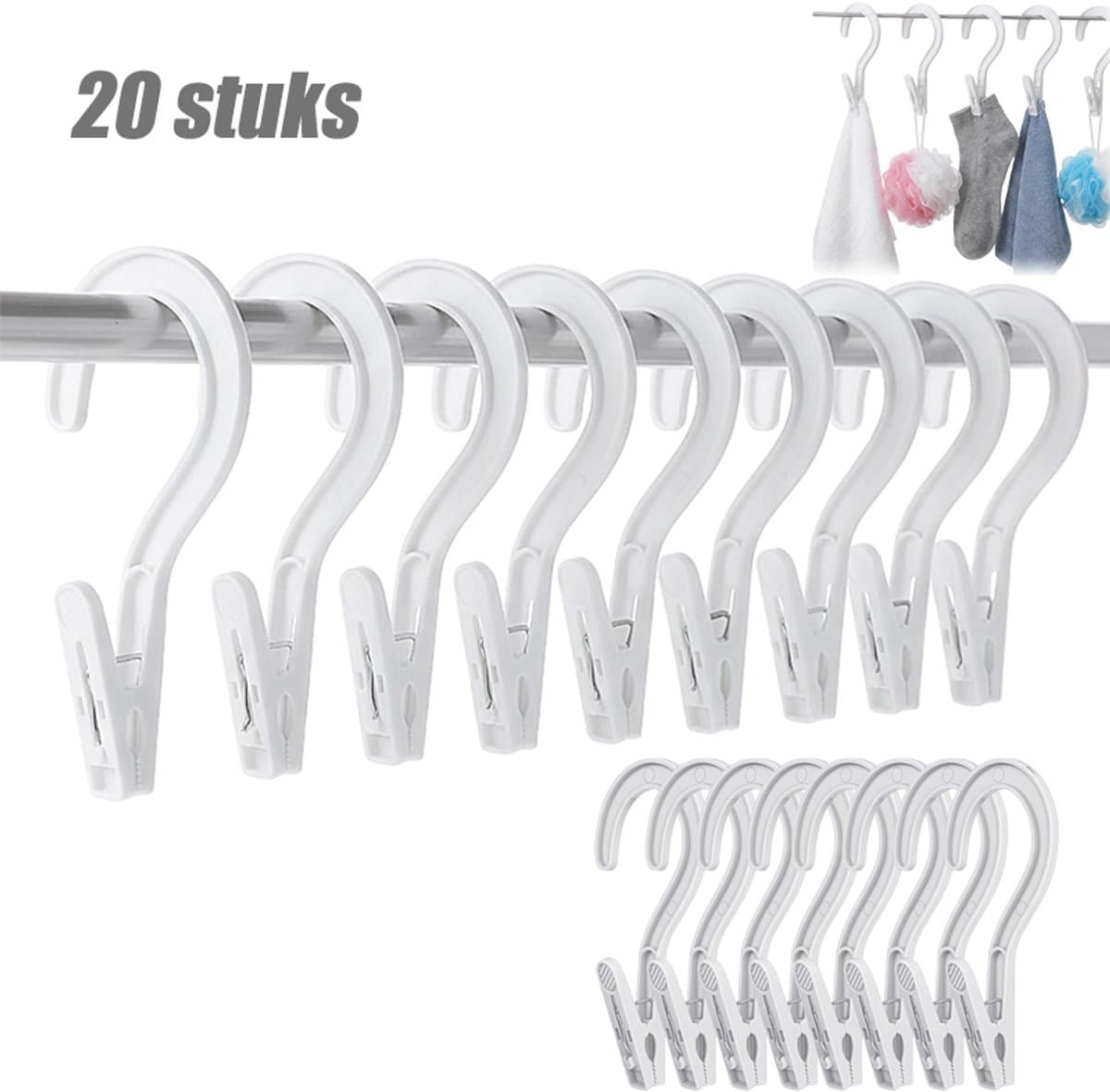 20 stuks - Kleerhangers met Knijpers - Washaken met klemmen - Washaken Clip - 360° draaibaar - Antislip & windvast - Voor het drogen en opbergen van sokken, petten en kleine kledingstukken - Wit — afbeelding 1