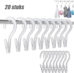 20 stuks - Kleerhangers met Knijpers - Washaken met klemmen - Washaken Clip - 360° draaibaar - Antislip & windvast - Voor het drogen en opbergen van sokken, petten en kleine kledingstukken - Wit — thumbnail 1