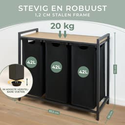 KAD® Wassorteerder - Wasmand 3 Vakken - Wasmand Met Deksel - Wasmand - Zwart - 36cm x 84cm x 73cm — thumbnail 2