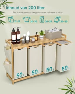 Damenzo - Wasmand - Wasmand met deksel - Kleding - Waszak - 4 Vakken - Wassorteerder - 200 Liter -124,6x33x78 cm - Wit - Bamboe — thumbnail 5