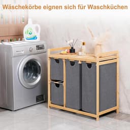 Wasmand 3 compartimenten - Kleding Sorteerder - Was Sorteren - Met Plank Wielen - 3 x 50 Liter - Grijs — thumbnail 2
