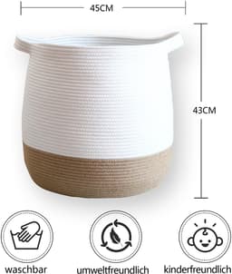 Dailygoody - Grote mand van katoenen touw - Opbergmand voor speelgoed - Natuurlijk materiaal - Bruin linnen en wit - Ruime capaciteit - Veilig voor ki — thumbnail 2