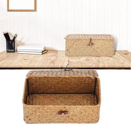 Handgeweven opbergmand van zeegras met deksel, rechthoekig, rieten mand voor organisatie in slaapkamer en woonkamer, ruime capaciteit, multifunctioneel en decoratief — thumbnail 5