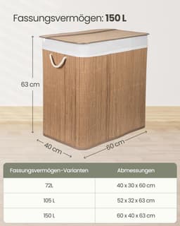 Grote Wasmand van Bamboe met Drie Vakken en Uitneembare Witte Binnenkant — thumbnail 2