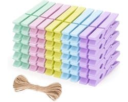 Houten Wasknijpers - Fotoklemmen Jute - Decoratie Ophangen - Pastelkleurig Hout - 7 cm - Pastel