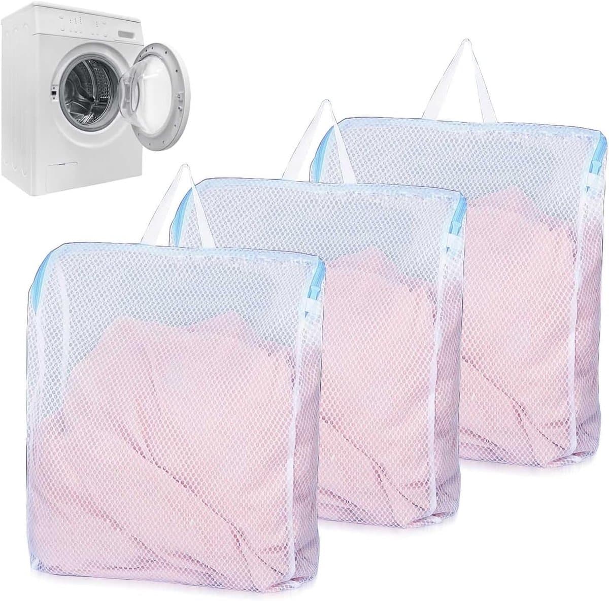 Grote wasnetten voor wasmachine, 3 stuks, herbruikbare waszakken met ritssluiting en handgrepen, ideaal voor kleding, lingerie en sokken (50 x 60 cm) — afbeelding 1