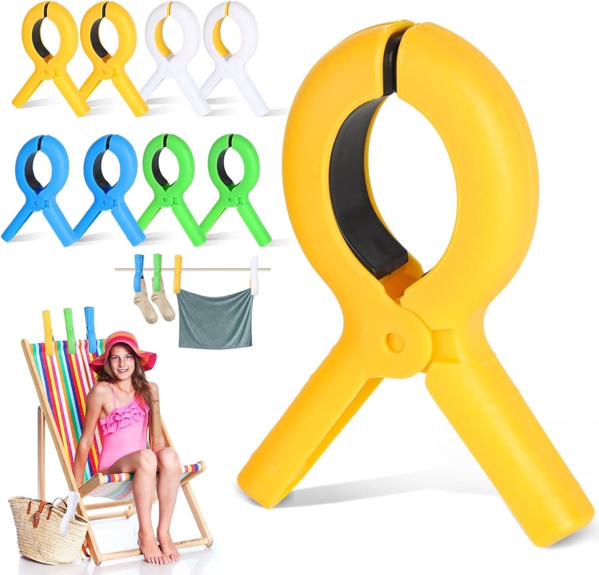 Set van 8 Handdoek Klemmen voor Strandstoelen, Grote Kledingknijpers in 4 Kleuren, Ideaal voor Handdoeken, Bedlinnen en Dikke Kledingstukken — afbeelding 1