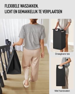 Bealive® Luxe Wasmand - 3 Compartments - Uitschuifbare Waszakken - Oxford Stof - 38 L per Compartiment - Kantel beschermer - Zwart - 92.5 x 33 x 72 cm — thumbnail 3