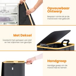Posity Wasmand op Wielen – 100 Liter – Opvouwbaar – Wasmand Stof - Laundry Basket - Met Deksel & Handvaten - Bamboe - Incl. Waszak - Zwart — thumbnail 5