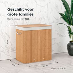 Organess wasmand 2 vakken - Wassorteerder - Wasmand met deksel - Opvouwbaar - 100L - Bamboe — thumbnail 5