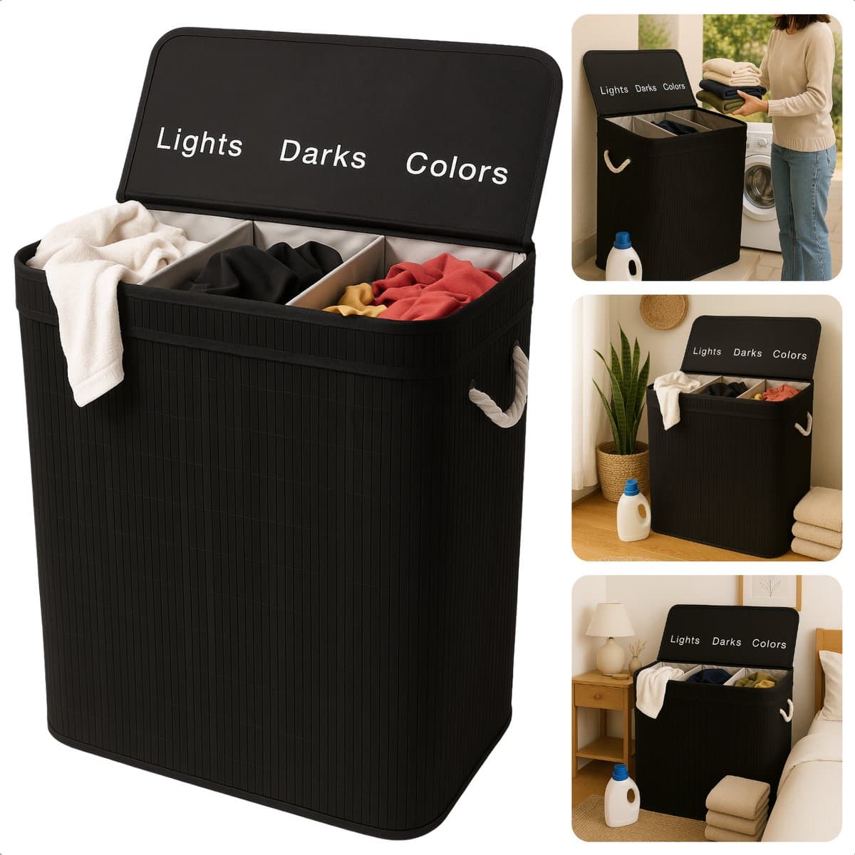 Cheqo® Wasmand 3 Vakken - Wassorteerder - Bamboe Materiaal - Zwart Design - 100 Liter Inhoud - Licht Donker Kleur - Makkelijk Te Monteren - Geen Gereedschap Nodig - Wasbare Binnenzak - Wasgoed Organizer — afbeelding 1