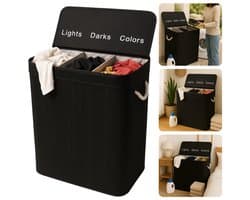 Cheqo® Wasmand 3 Vakken - Wassorteerder - Bamboe Materiaal - Zwart Design - 100 Liter Inhoud - Licht Donker Kleur - Makkelijk Te Monteren - Geen Gereedschap Nodig - Wasbare Binnenzak - Wasgoed Organizer