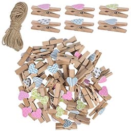 Houten foto-display-clips 50 stuks gekleurd - Mini knutselclips met jute touw voor muurdecoratie — thumbnail 1