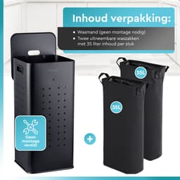 Rilenta Wasmand RVS - 2 Vakken 70L - Uitneembare Waszakken - Met Deksel - Wassorteerder - 2x 35L Compartimenten - Smalle Dubbele Wasmand - Zwart — thumbnail 5