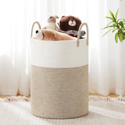 Wasmand, gevlochten wasverzamelaar, opbergmand voor speelgoed, met handvat, handgemaakt, van katoen, wit en bruin — thumbnail 2
