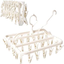 Opvouwbaar droogrek met 32 droogklemmen, winddichte haken, ondergoedhanger, kunststof wasklemmen voor sokken en bh's (wit) — thumbnail 1