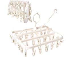 Opvouwbaar droogrek met 32 droogklemmen, winddichte haken, ondergoedhanger, kunststof wasklemmen voor sokken en bh's (wit) — afbeelding 1