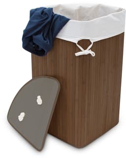 3x wasmand hoekmodel bamboe - 60 liter - deksel - wasbox - driehoekig - bruin — thumbnail 1