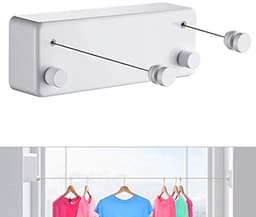 Uitschuifbare waslijn - Wasdrooglijn - Draagbare waslijn - Wandmontage - Dubbel touw - Geen boren nodig - Touwlengte 4,2 m - 24*8,8*5,7 cm - Inclusief schroeven en lijm - Geschikt voor balkons, wasruimtes, hotels, etc. - Wit — thumbnail 1